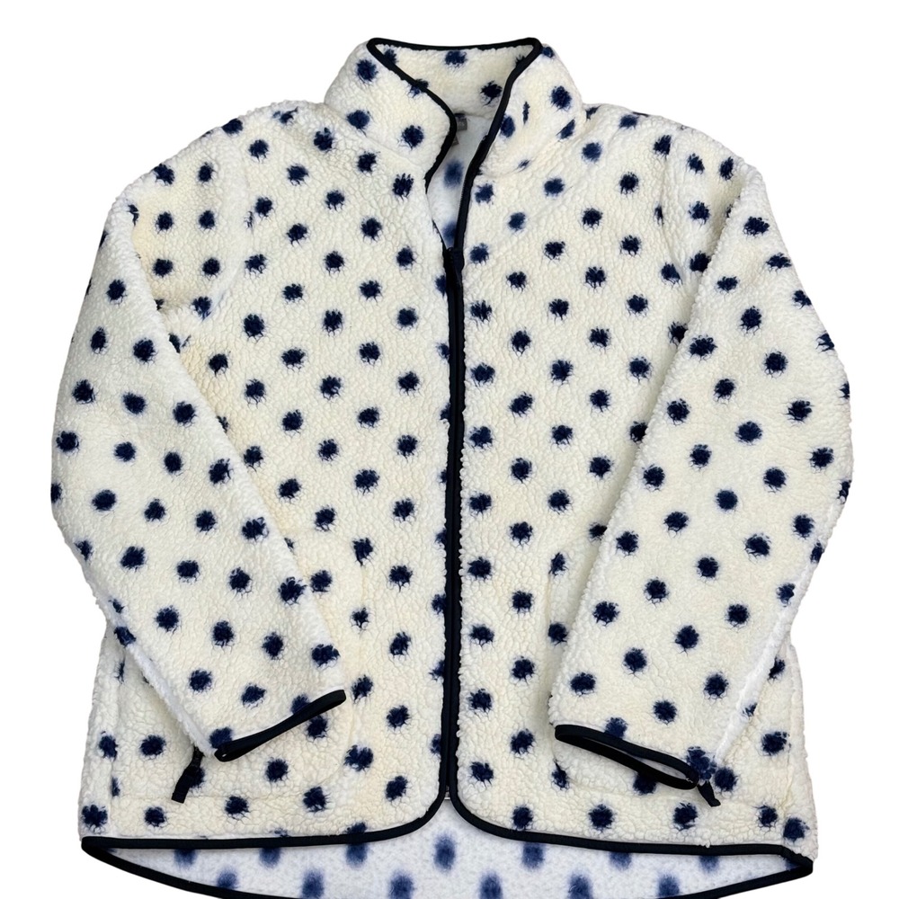 T by Talbots Sherpa Polka Dot Fleece Jacket Womens Size M Blue/Cream
